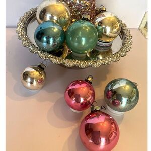 8 beautiful vintage Christmas balls; pastels, silver blue, pink Shiny Brite